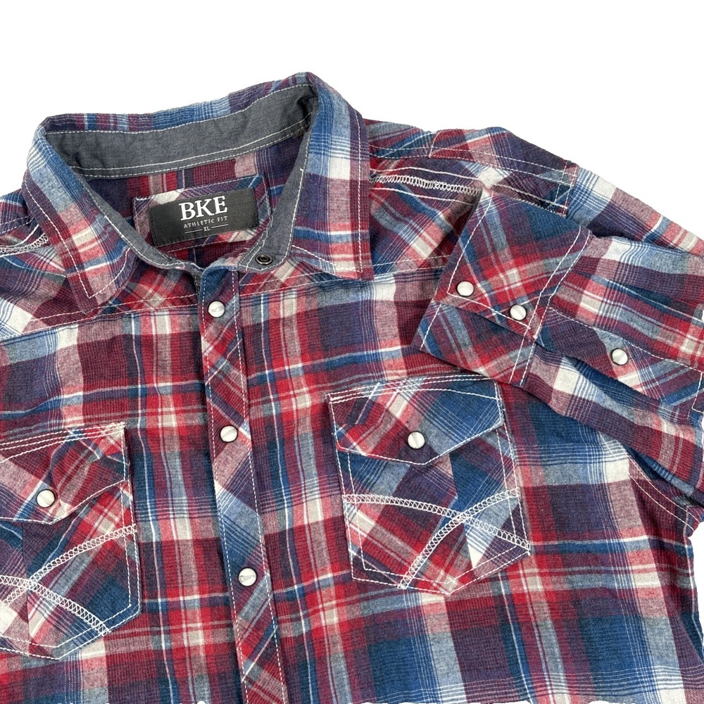 Mens BKE Athletic Fit Long Sleeve Pearl Snap Shirt Size XL Red Plaid